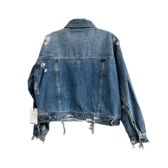 NEW Judy Blue Medium blue Distressed Trucker Jacket Rainbow Thread - Picture 2 of 6